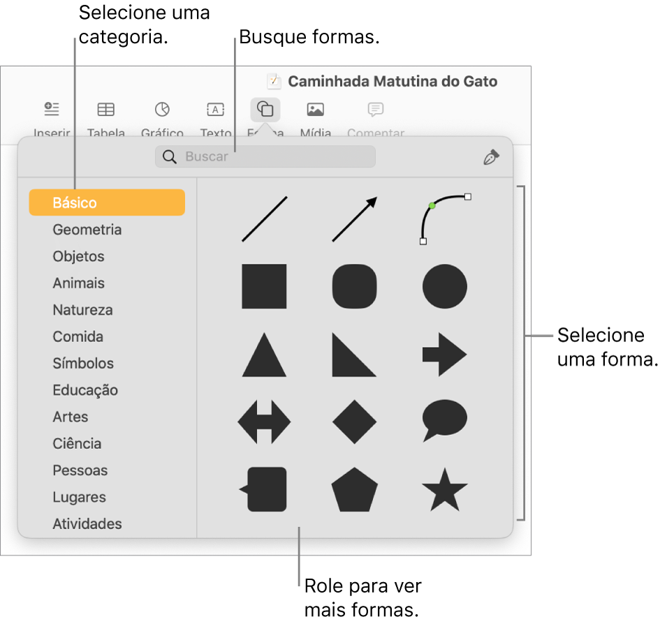 A biblioteca de formas, com categorias listadas à esquerda e formas exibidas à direita. Você pode utilizar o campo de busca na parte superior para encontrar formas e rolar para ver mais.