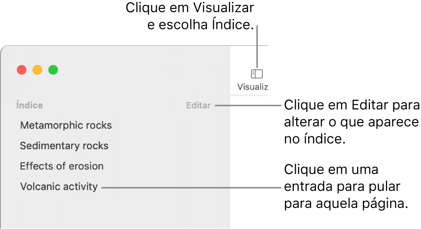 Índice no lado esquerdo da janela do Pages, com um botão Editar no canto superior direito da barra lateral e as entradas do índice em uma lista.