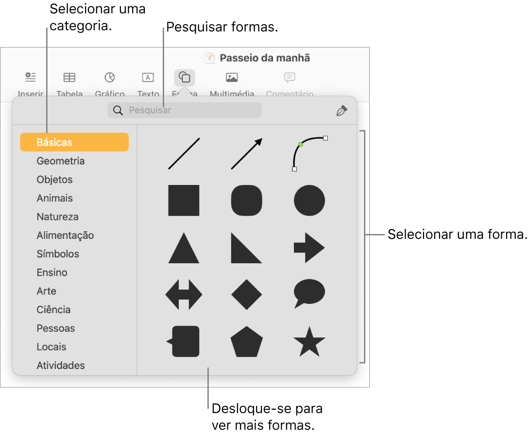 A biblioteca de formas, com as categorias listadas à esquerda e as formas exibidas na parte superior à direita. É possível usar o campo de pesquisa na parte superior para encontrar formas e deslocar-se para ver mais.