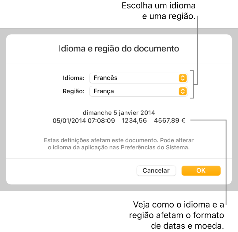 O painel “Idioma e região” com controlos de idioma e região e um exemplo da formatação, incluindo data, hora, decimal e moeda.