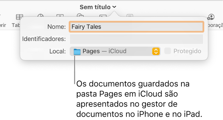 A caixa de diálogo Guardar de um documento com “Pages—iCloud” no menu pop-up "Onde”.