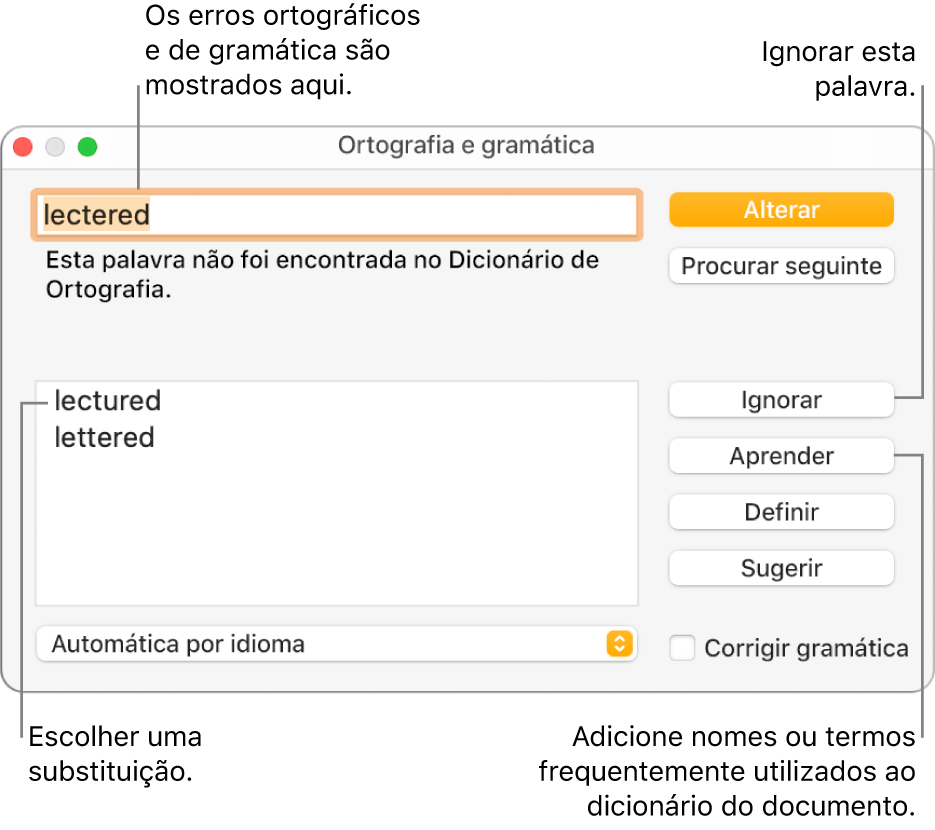 A janela “Ortografia e gramática”.