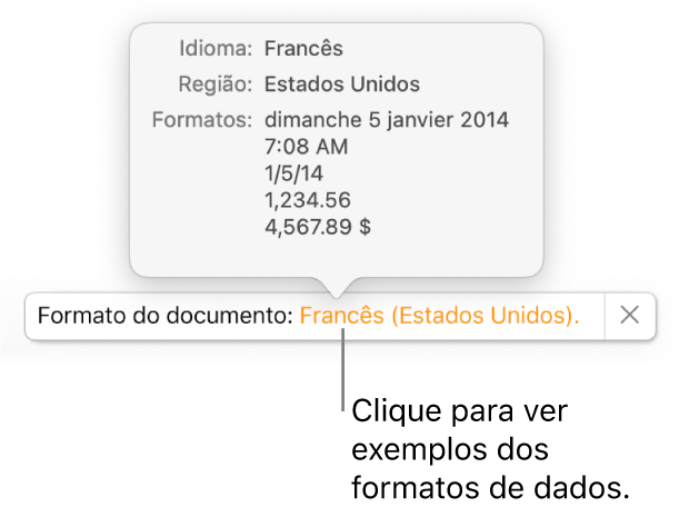 A notificação da definição diferente do idioma e região, apresentando exemplos da formatação nesse idioma e região.