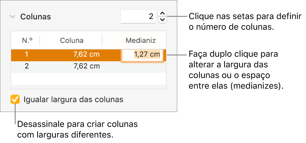 Painel “Disposição” do inspetor de formatação, a mostrar os controlos das colunas.