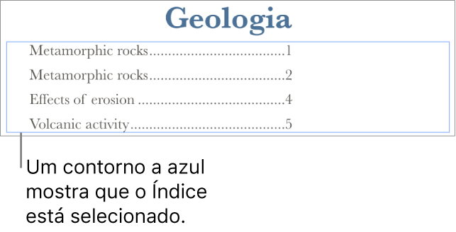 Um índice inserido num documento. As entradas mostram cabeçalhos juntamente com os respetivos números de página.