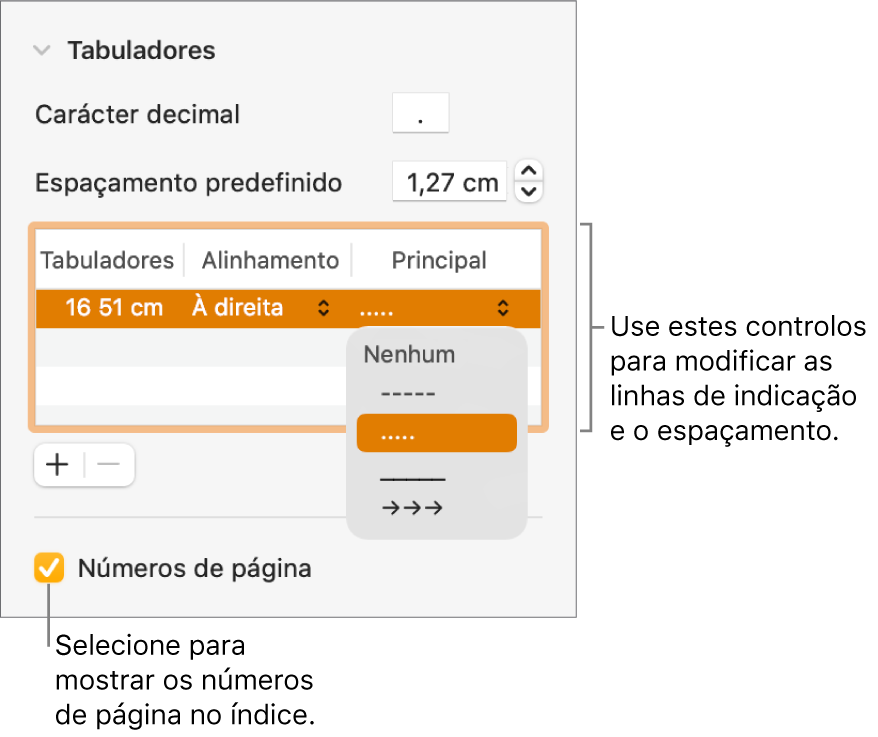 A secção "Separadores” da barra lateral "Formatação”. Por baixo de “Espaçamento predefinido” está uma tabela com as colunas “Tabuladores”, “Alinhamento” e “Principal”. A opção assinalável “Números de página” aparece selecionada e aparece por baixo da tabela.