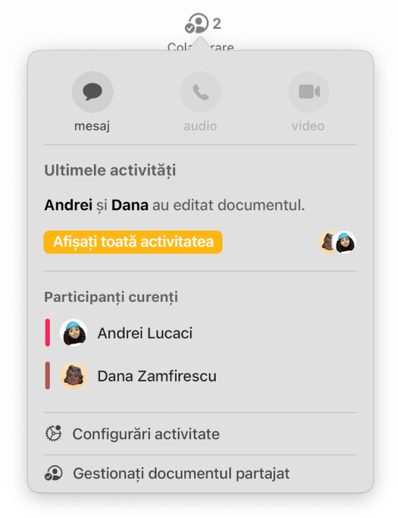 Meniul de colaborare afișând numele persoanelor care colaborează la document.