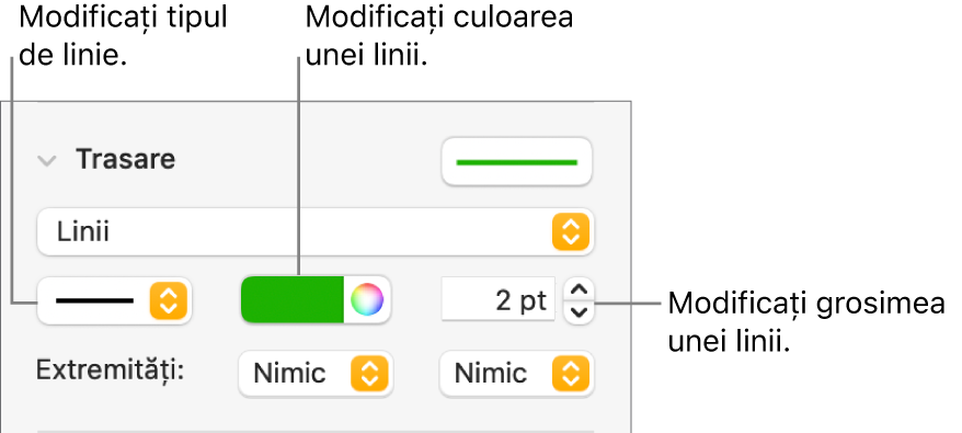 Comenzi trasare pentru configurarea extremităților, grosimii și culorii liniei.