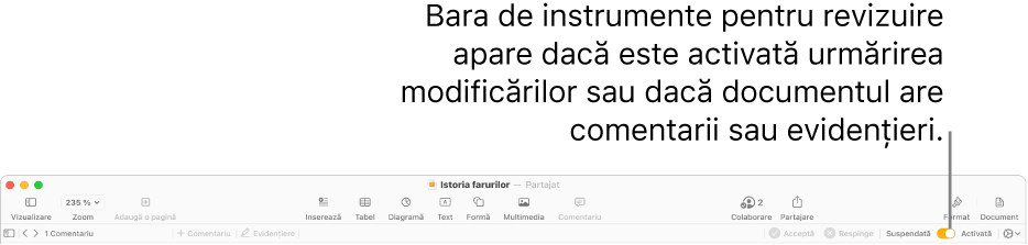 Bara de instrumente Pages cu urmărirea modificărilor activată și bara de instrumente pentru revizuire sub bara de instrumente Pages.