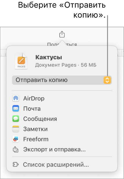 В верхней части меню «Поделиться» выбран параметр «Отправить копию».