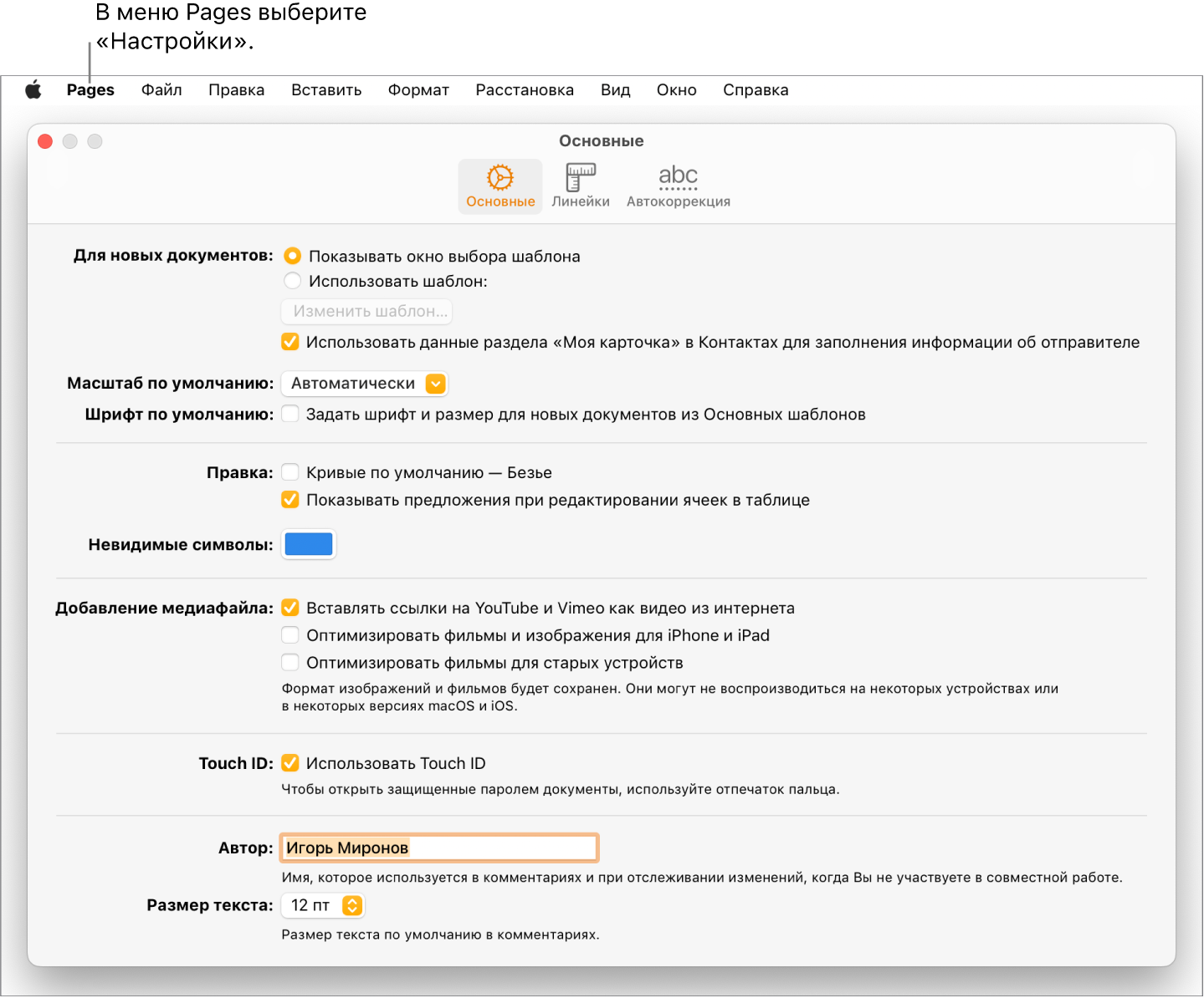 В окне настроек Pages открыта панель «Основные». Показаны настройки новых документов, масштаба и шрифта по умолчанию, редактирования, уравнений, невидимых символов, добавления медиафайлов, Touch ID, имени автора и размера текста по умолчанию.