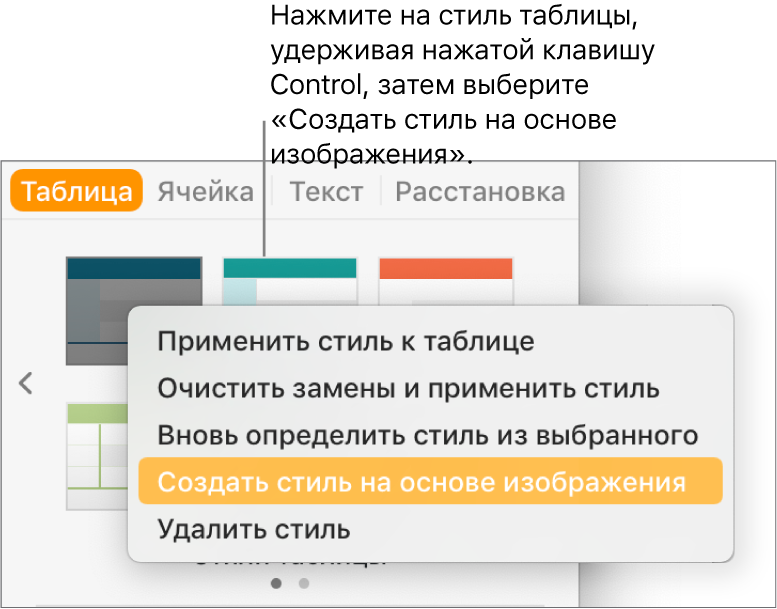 Контекстное меню стиля таблицы.