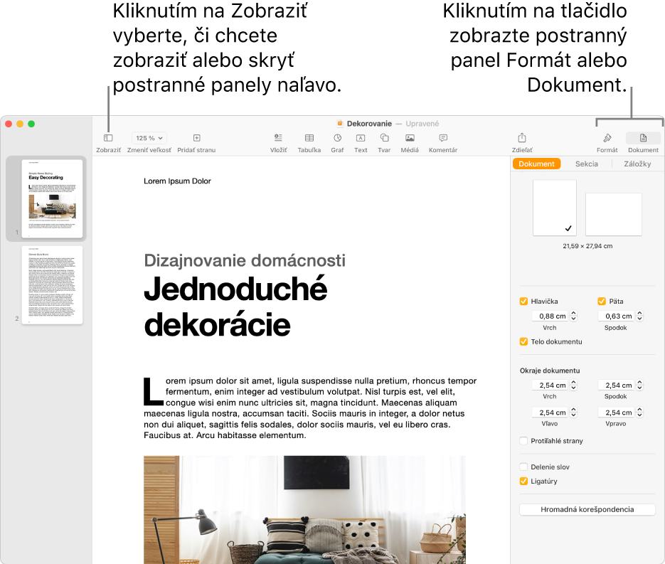 Okno Pages s textovými bublinami na tlačidle menu Zobraziť a tlačidlách Formát a Dokument na paneli s nástrojmi. Postranné panely sú otvorené na ľavej a pravej strane.