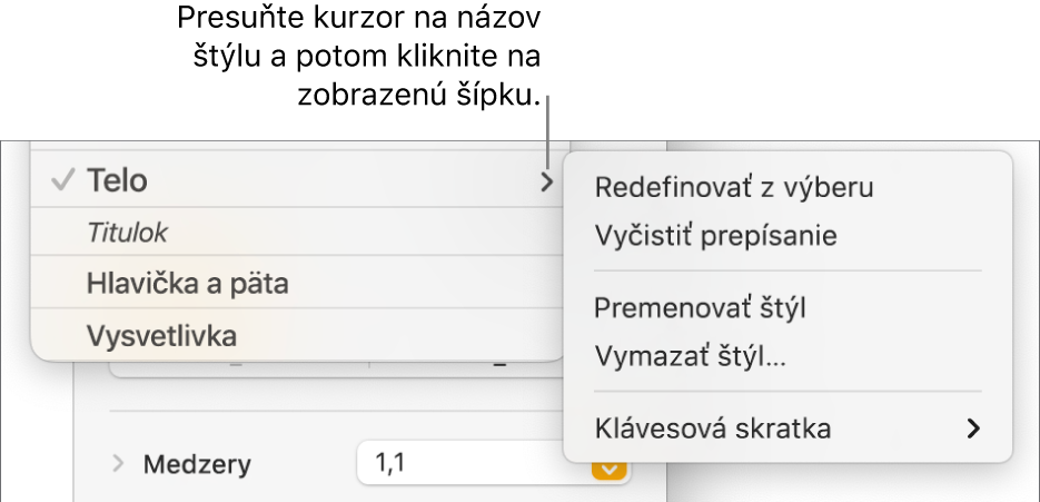 Menu Štýly odseku s otvoreným menu skratiek.