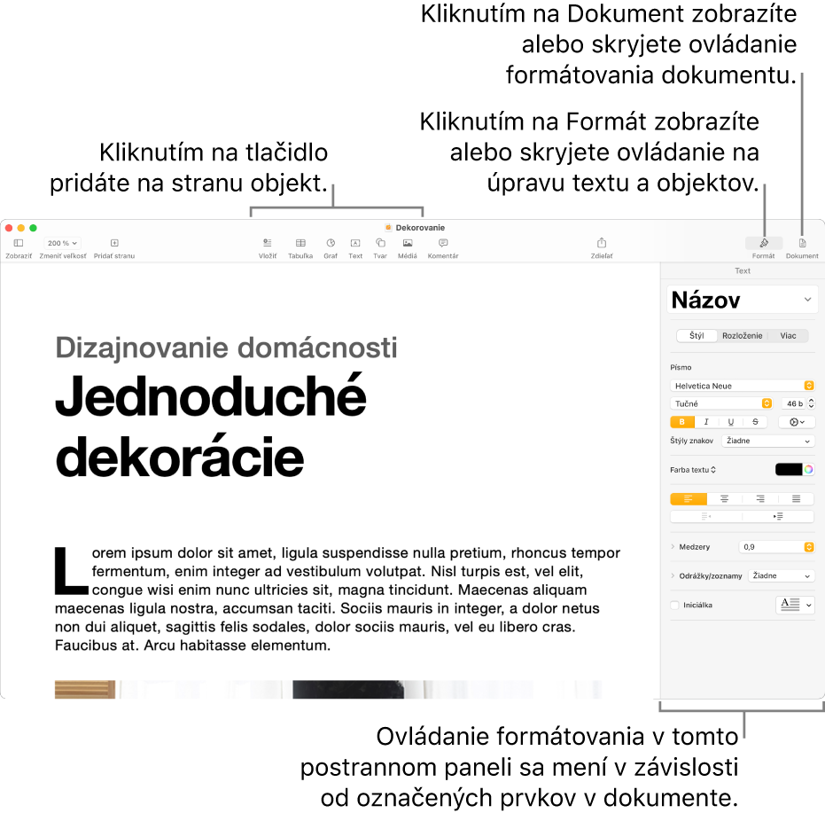 Okno Pages s tlačidlami na paneli s nástrojmi na pridávanie objektov a otváranie postranných panelov.