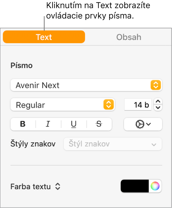 Postranný panel Formát s označenou záložkou Text a ovládacími prvkami písma na zmenu písma, veľkosti písma a pridávanie štýlov znakov.