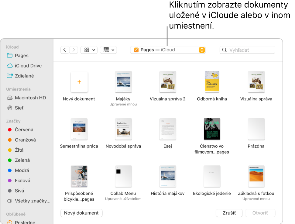 Dialógové okno Otvoriť s postranným panelom naľavo a iCloud Drive vybraný vo vyskakovacom menu navrchu. Priečinky pre Keynote, Numbers a Pages sa objavia v dialógovom okne spolu s tlačidlom Nový dokument.