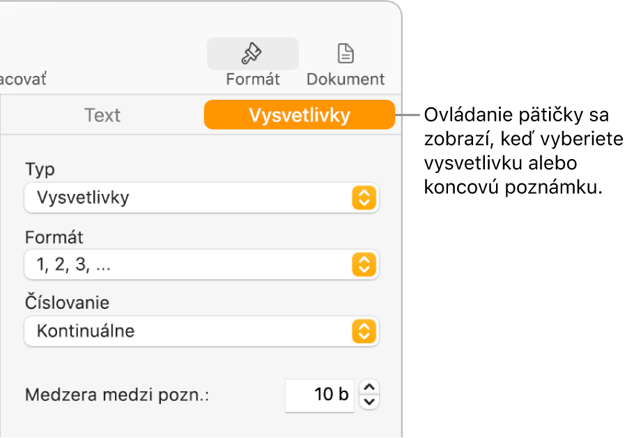 Panel Vysvetlivky znázorňujúci vyskakovacie ponuky pre Typ, Formát, Číslovanie a priestor medzi vysvetlivkami.