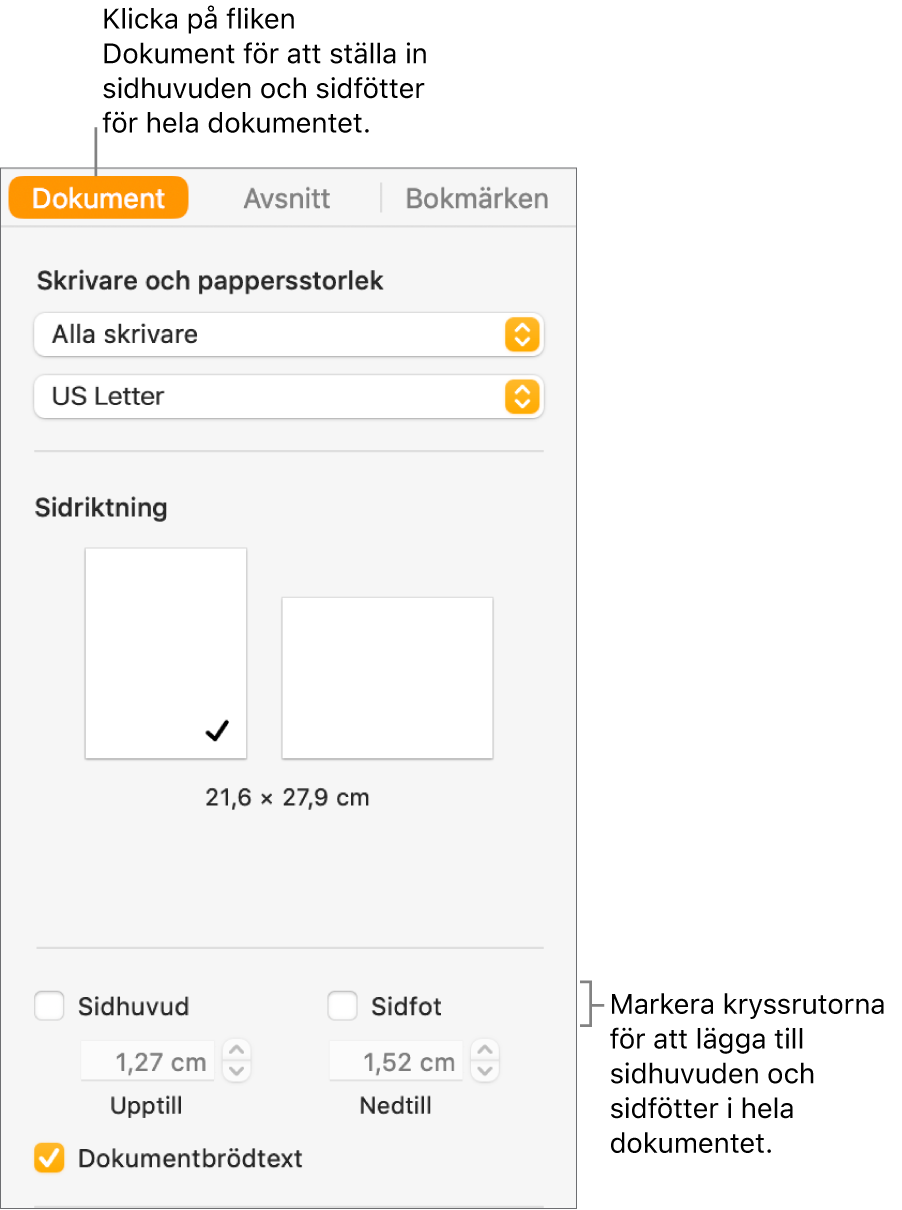 Dokumentsidofältet med fliken Dokument vald överst i sidofältet. Nedanför kryssrutorna Sidhuvud och Sidfot finns pilar för att ändra avståndet från sidhuvuden och sidfötter till övre respektive nedre kanten på sidan.