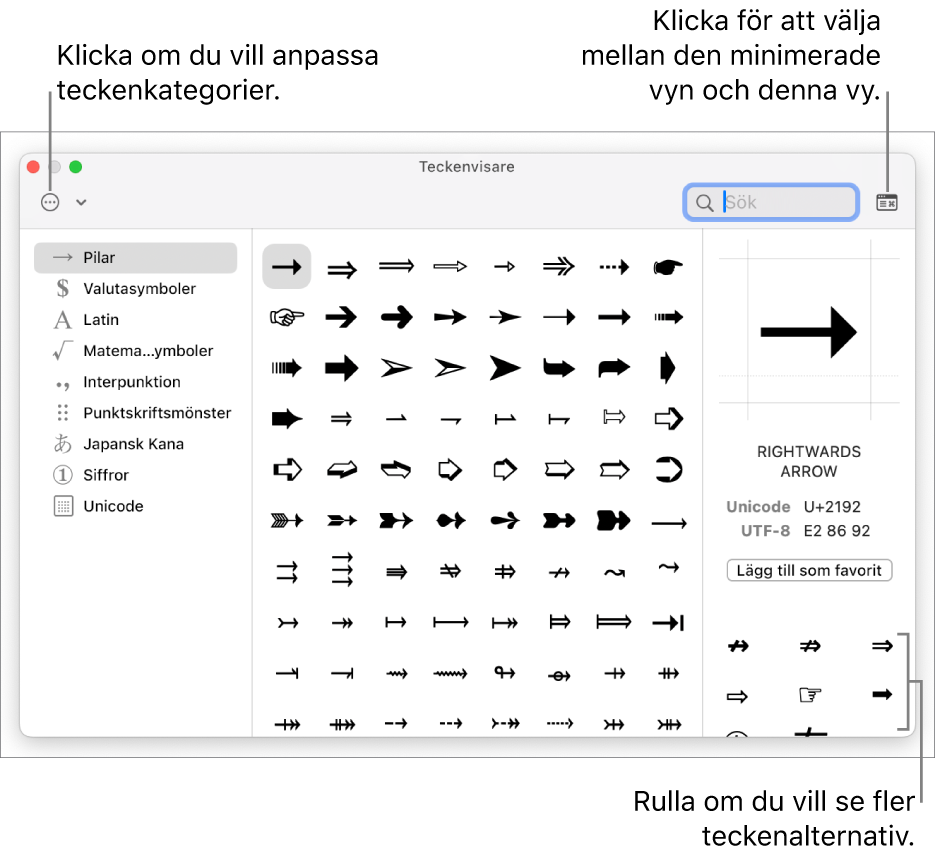 Det utvidgade fönstret för Teckenvisare innehåller specialtecken och symboler, en meny för olika symbolkategorier till vänster och en knapp i det övre högra hörnet som du kan använda till att minimera vyn igen.