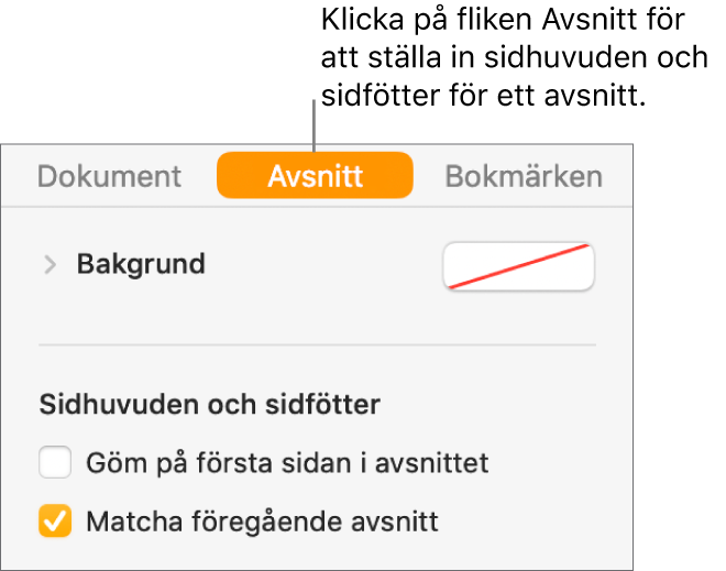 Dokumentsidofältet med fliken Avsnitt vald överst i sidofältet. Under Sidhuvuden och sidfötter i sidofältet finns kryssrutor bredvid Göm på första sidan i avsnittet och Matcha föregående avsnitt.