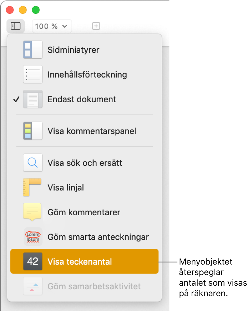 Menyn Innehåll är öppen med Visa teckenantal nära nederkanten.