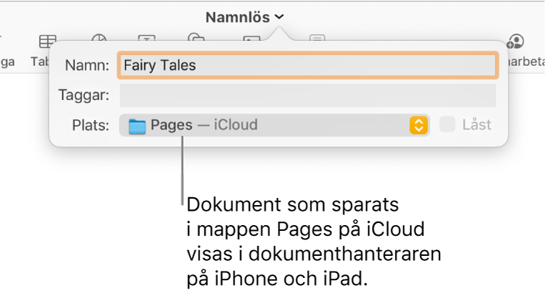 Dialogrutan Spara för ett dokument med Pages – iCloud i popupmenyn Plats.