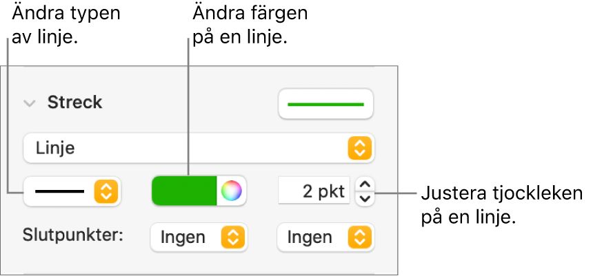 Streckreglagen för att ställa in slutpunkter, linjetjocklek och färg.