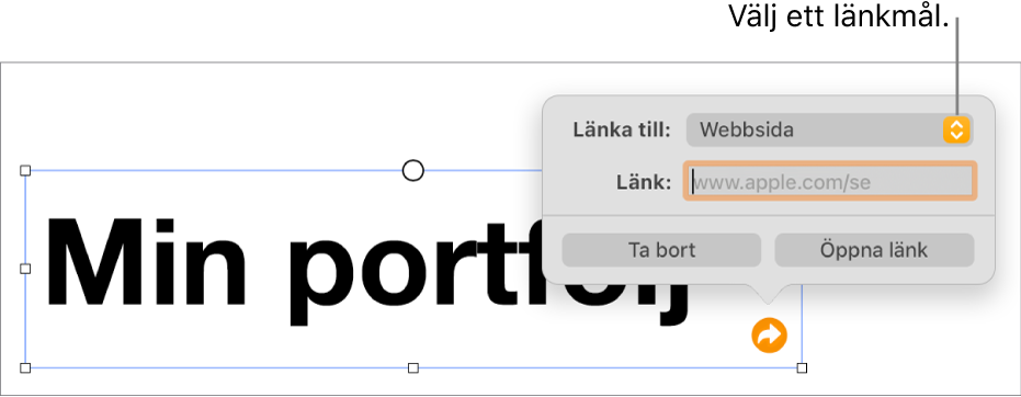 Länkredigerarreglage med Webbsida markerat och knapparna Ta bort länk och Öppna länk längst ned.