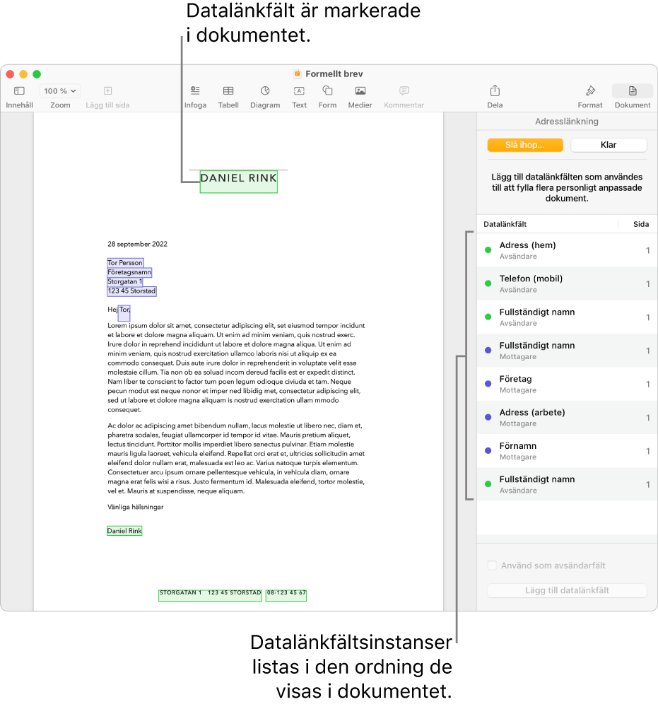Pages-dokument med datalänkfält för mottagare och avsändare. Instanslistan för datalänkfältet är synligt i dokumentsidofältet.