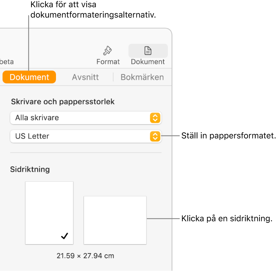 Dokumentsidofältet med fliken Dokument vald överst i sidofältet. I sidofältet finns en popupmeny för att ställa in pappersformatet och knappar för stående och liggande riktning.