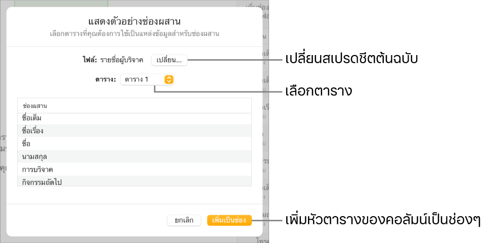 บานหน้าต่างแสดงตัวอย่างช่องผสานเปิดอยู่โดยมีตัวเลือกสำหรับเปลี่ยนไฟล์หรือตารางต้นฉบับ แสดงตัวอย่างชื่อช่องผสาน หรือเพิ่มหัวตารางของคอลัมน์เป็นช่อง