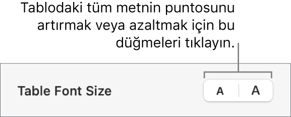 Tablodaki tüm metnin büyüklüğünü değiştirme denetimleri.