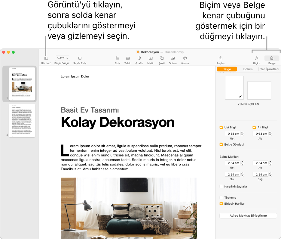 Araç çubuğundaki Görüntüle menüsüne ve Biçim ve Belge düğmelerine ilişkin belirtimler içeren Pages penceresi. Kenar çubukları solda ve sağda açıktır.