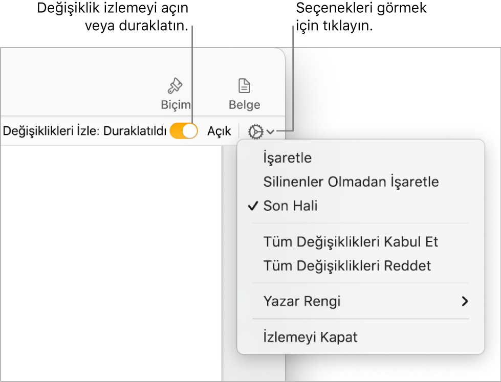 Alt kısımda İzlemeyi Kapat’ı ve İzleme Açık ve Durduruldu düğmesi belirtimlerini gösteren izleme seçenekleri menüsü.