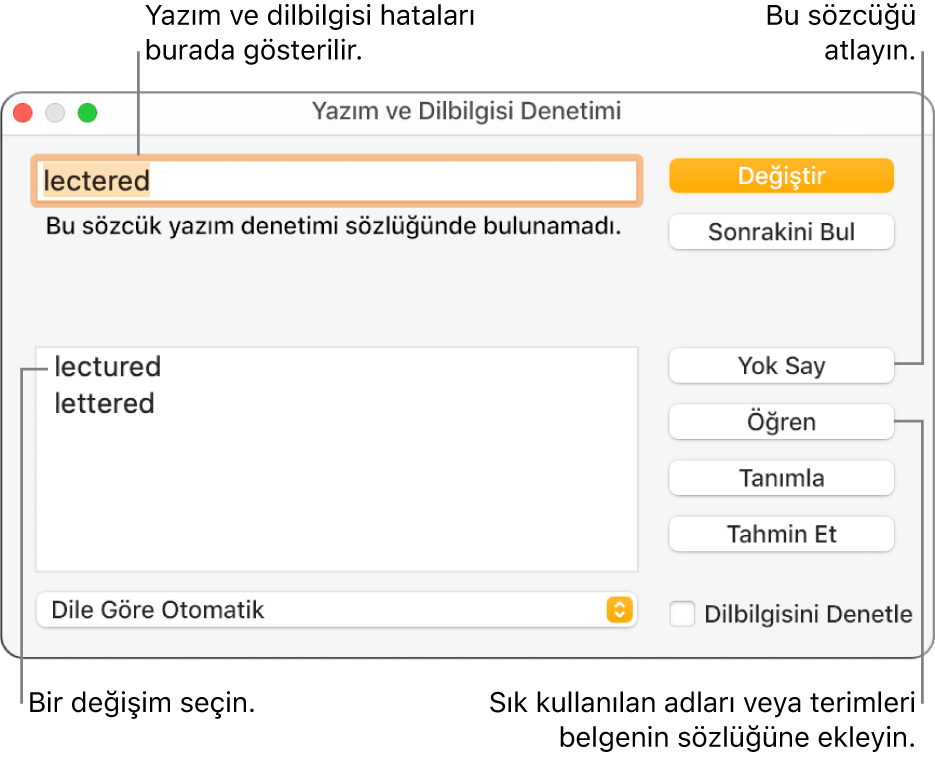 Yazım ve Dilbilgisi Denetimi penceresi.