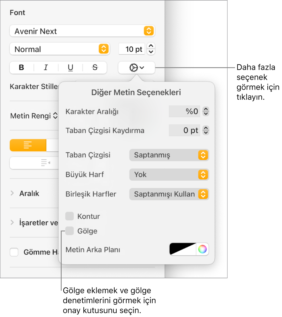 Bulanıklığı, uzaklığı, opaklığı, açıyı ve rengi ayarlama denetimleri ile İleri Düzey Seçenekler menüsü açık ve Gölgeler onay kutusu seçili.