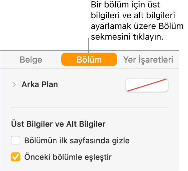 Belge kenar çubuğu, kenar çubuğunun en üstünde Bölüm sekmesi seçili. Kenar çubuğunun Üst Bilgiler ve Alt Bilgiler bölümünde “Bölümün ilk sayfasında gizle” ve “Önceki bölümle eşleştir” seçeneklerinin yanında onay kutuları bulunur.