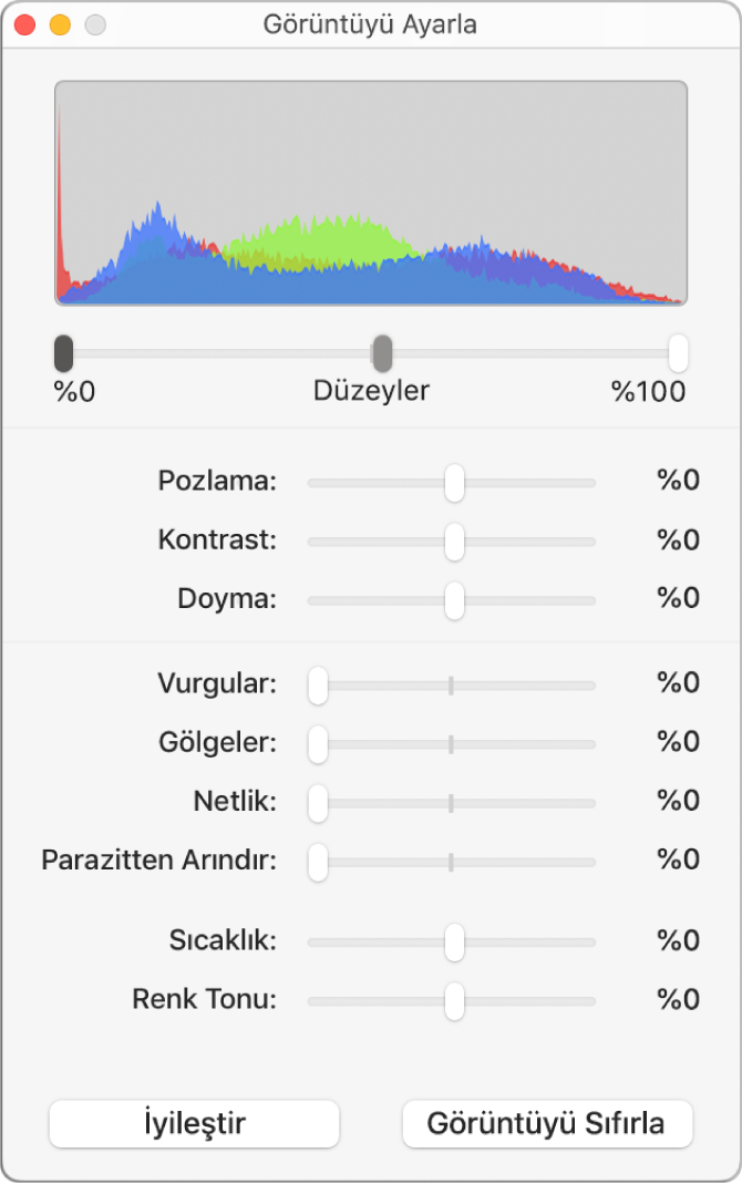 Pozlama, kontrast, doygunluk, vurgu, gölge, netlik, parazitten arındırma, sıcaklık ve renk tonu ayarlama sürgülerinin bulunduğu Görüntüyü Ayarla penceresi.