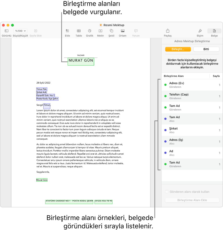 Alıcı ve gönderen birleştirme alanları ile Pages belgesi ve Belge kenar çubuğunda görünen birleştirme alanı örnekleri listesi.