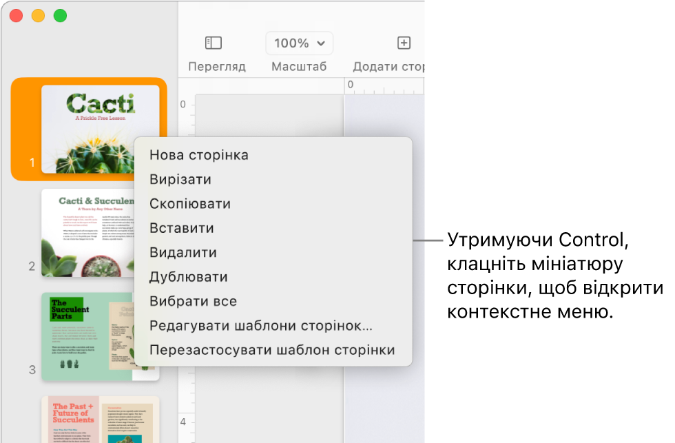 Перегляд мініатюр сторінок з одною вибраною мініатюрою і відкритим контекстним меню.