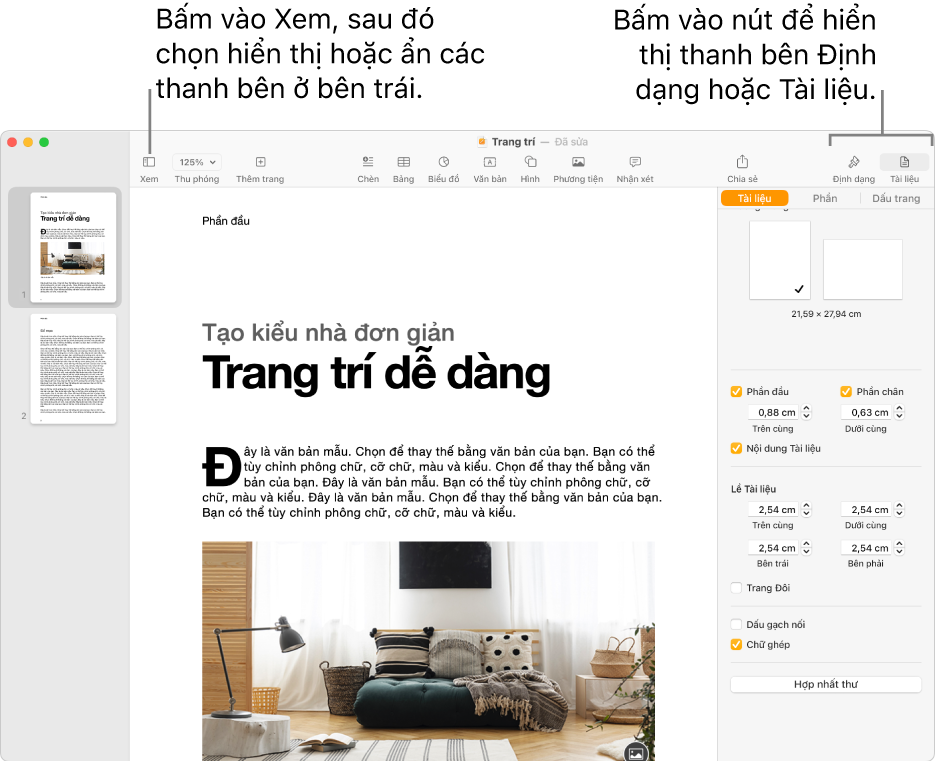 Cửa sổ Pages với các lời nhắc đến nút menu Xem và các nút Định dạng và Cửa sổ trên thanh công cụ. Các thanh bên mở ra ở bên trái và bên phải.