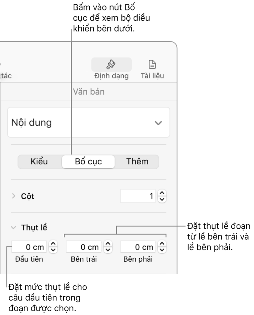 Các điều khiển trong phần Bố cục của thanh bên Định dạng để đặt thụt lề dòng đầu tiên.