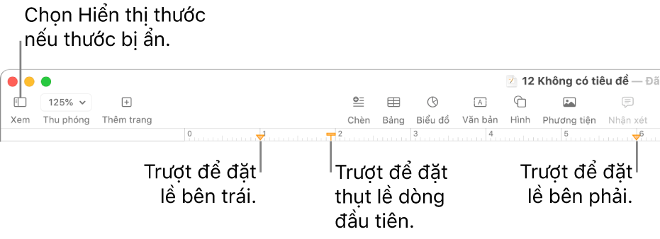 Thước có bộ điều khiển lề trái và bộ điều khiển thụt lề dòng đầu tiên.