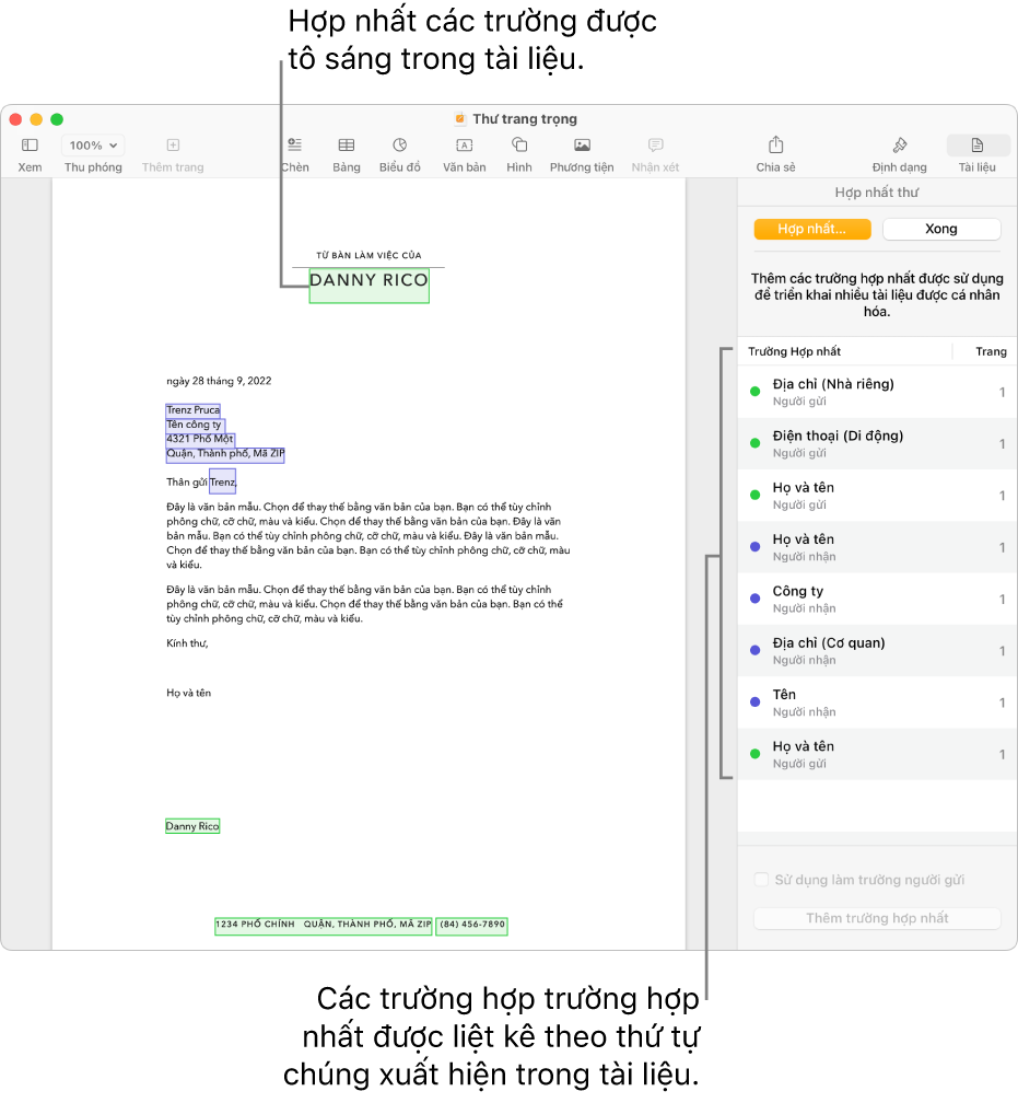 Tài liệu Pages với các trường hợp nhất người nhận và người gửi và danh sách trường hợp trường hợp nhất hiển thị trong thanh bên Tài liệu.
