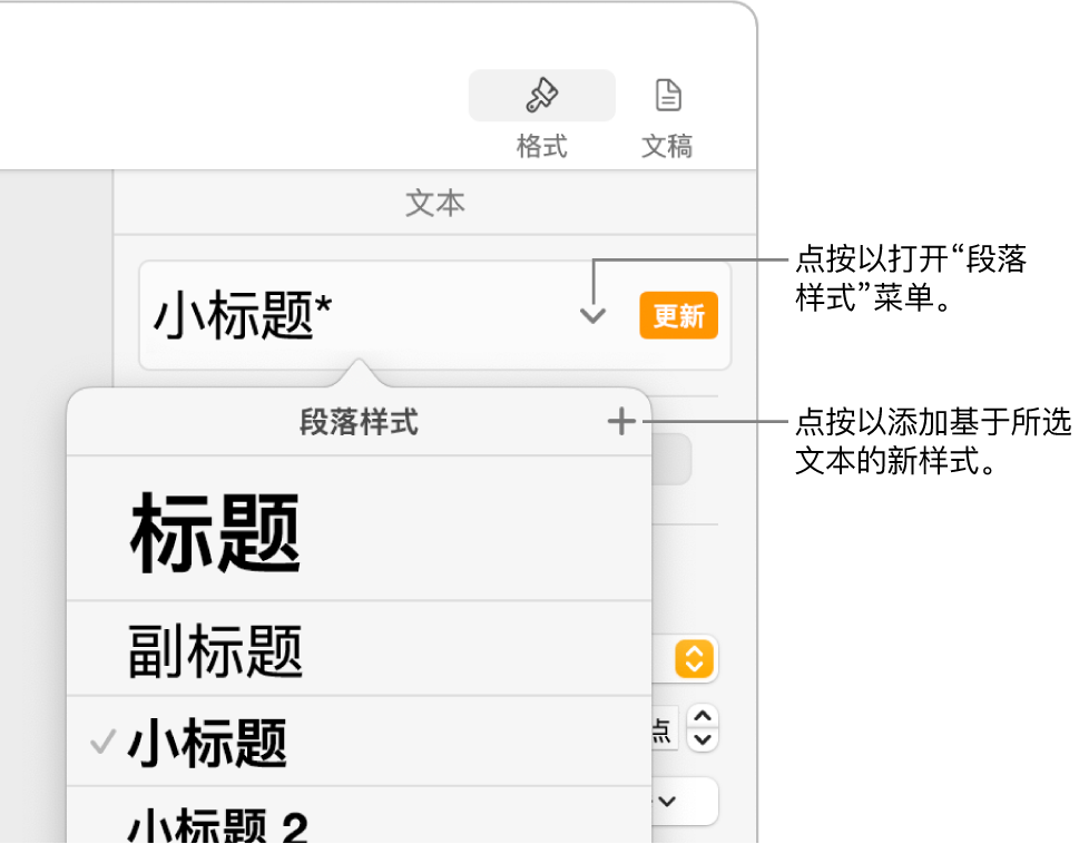 “段落样式”菜单，显示用于添加或更改样式的控制。