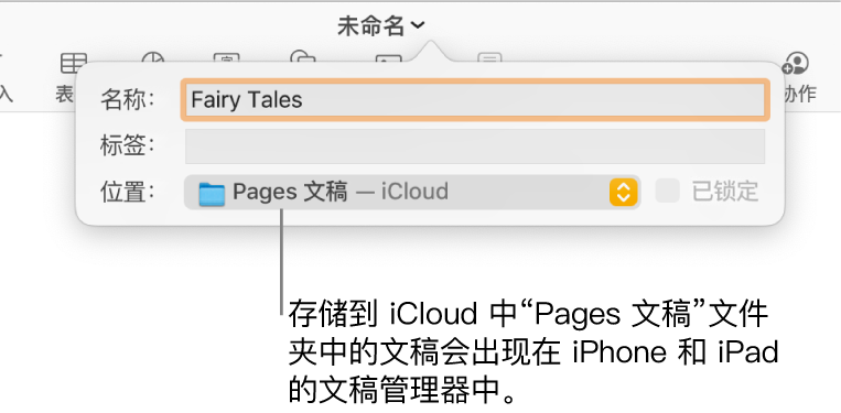 在“地点”弹出式对话框中选择“Pages 文稿— iCloud”的文稿的“存储”对话框。