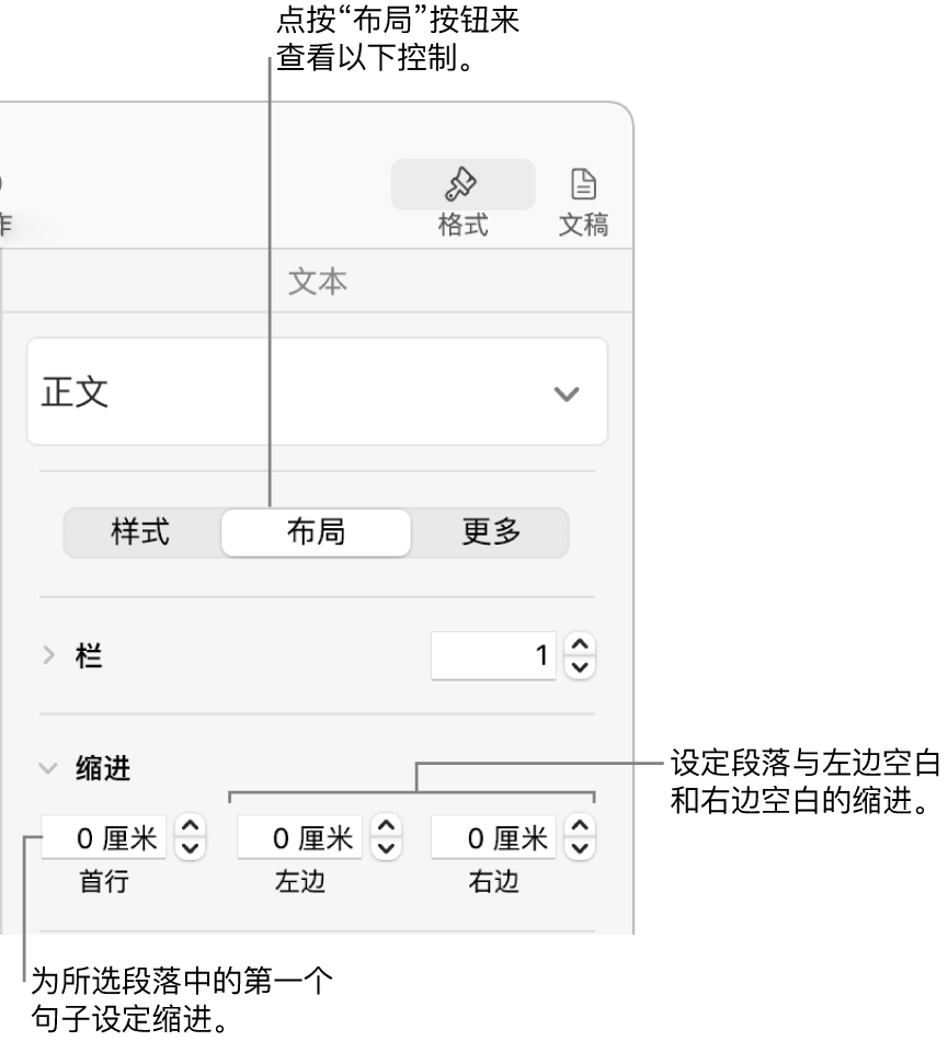 “格式”边栏“布局”部分用于设置首行缩进的控制。