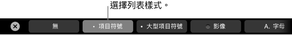 MacBook Pro「觸控欄」，其中有可選擇文字樣式的控制項目。