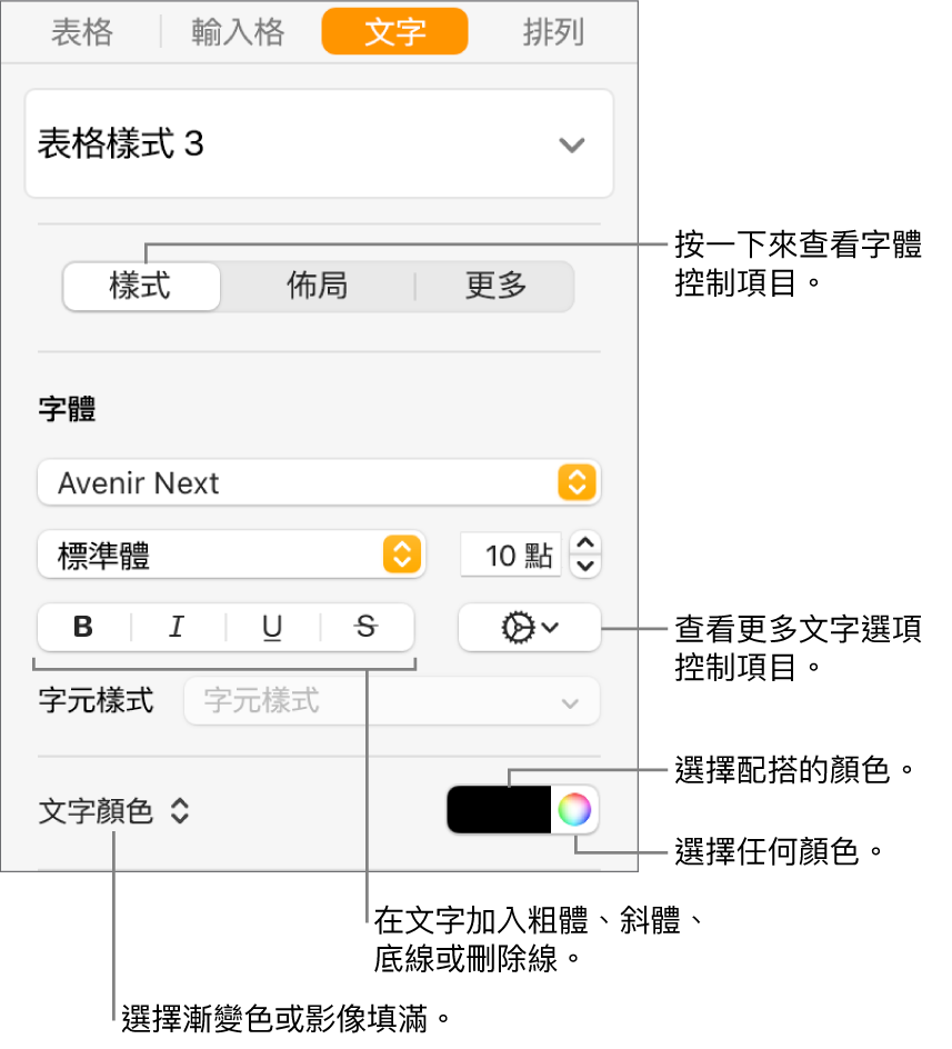 表格文字樣式的控制項目。